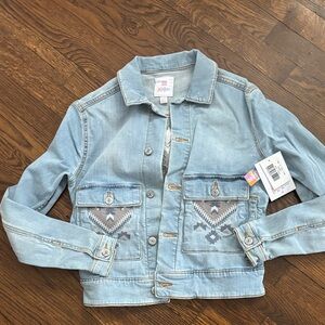 LuLaRoe Light Blue Denim Jacket with Aztec/boho Embroidery
